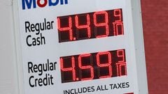 Gas prices are displayed at a Mobile station in the Manhattan borough of New York City.
