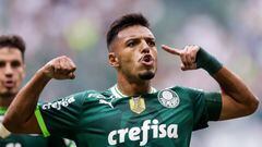 SAO PAULO, BRAZIL - APRIL 09: Gabriel Menino of Palmeiras celebrates after scoring the team's first goal during the second leg of the Paulistao 2023 final between Palmeiras and Agua Santa at Allianz Parque on April 09, 2023 in Sao Paulo, Brazil. (Photo by Alexandre Schneider/Getty Images)