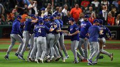 HOUSTON, TEXAS - OCTOBER 23: The Texas Rangers celebrate after defeating the Houston Astros in Game Seven to win the American League Championship Series at Minute Maid Park on October 23, 2023 in Houston, Texas.   Rob Carr/Getty Images/AFP (Photo by Rob Carr / GETTY IMAGES NORTH AMERICA / Getty Images via AFP)