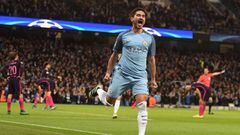 Manchester City&#039;s German midfielder Ilkay Gundogan celebrates scoring his team&#039;s first goal during the UEFA Champions League group C football match between Manchester City and Barcelona