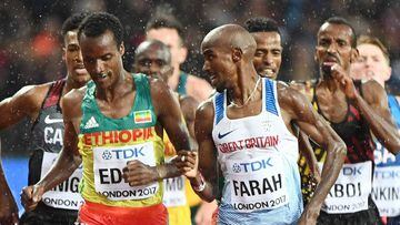 Muktar Edris and Mohamed Farah, in the first series of 5,000 meters at the 2017 World Championships in Athletics in London.