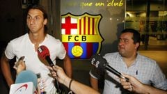 Mino Raiola and Zlatan Ibrahimovic at the player's unveiling at Barcelona in 2009.
