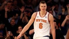 NEW YORK, NY - NOVEMBER 03: Kristaps Porzingis #6 of the New York Knicks reacts after a dunk in the fourth quarter against the Phoenix Suns at Madison Square Garden on November 3, 2017 in New York City. NOTE TO USER: User expressly acknowledges and agrees that, by downloading and or using this Photograph, user is consenting to the terms and conditions of the Getty Images License Agreement   Elsa/Getty Images/AFP == FOR NEWSPAPERS, INTERNET, TELCOS &amp; TELEVISION USE ONLY ==