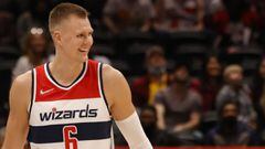 Mar 6, 2022; Washington, District of Columbia, USA; Washington Wizards center Kristaps Porzingis (6) smiles on the court against the Indiana Pacers in the fourth quarter at Capital One Arena. Mandatory Credit: Geoff Burke-USA TODAY Sports