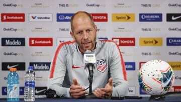 United States head coach Gregg Berhalter speaks during a press conference before a training session at Soldier Field on July 6, 2019 in Chicago, Illinois, a day before the 2019 Concacaf Gold Cup final between Mexico and United States. (Photo by KAMIL KRZA