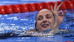 Hungary&#039;s Katinka Hosszu celebrates after she won the Women&#039;s 200m Individual Medley Final during the swimming event at the Rio 2016 Olympic Games at the Olympic Aquatics Stadium in Rio de Janeiro on August 9, 2016.   / AFP PHOTO / Martin BUREAU