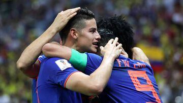 KAZAN, RUSSIA - JUNE 24:  Radamel Falcao of Colombia celebrates with teammate James Rodriguez after scoring his team&#039;s second goal during the 2018 FIFA World Cup Russia group H match between Poland and Colombia at Kazan Arena on June 24, 2018 in Kaza