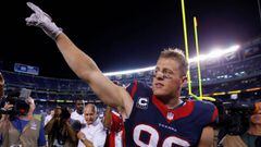 FILE PHOTO: Houston Texans defensive end J.J. Watt points to fans after defeating the San Diego Chargers following their Monday Night NFL football game in San Diego, California, U.S.,  September 9, 2013.  REUTERS/Mike Blake/File Photo