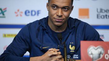 France's forward Kylian Mbappe gives a press conference at Stade de France in Saint-Denis, north of Paris on March 23, 2023, on the eve of the UEFA Euro 2024 football tournament qualifier match between France and Netherlands. (Photo by FRANCK FIFE / AFP)
