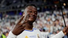 PARIS, FRANCE - MAY 28: Eduardo Camavinga of Real Madrid celebrating the Champions League victory  during the UEFA Champions League  match between Liverpool v Real Madrid at the Stade de France on May 28, 2022 in Paris France (Photo by David S. Bustamante/Soccrates/Getty Images)
