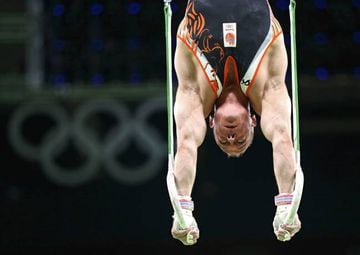 Artistic gymnast Yuri van Gelder of Netherlands practice on the rings during a training session for the Rio 2016 Olympic Games