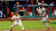 Bryce Harper #3 of the Philadelphia Phillies catches the final out to defeat the Arizona Diamondbacks 5-3 in Game One of the Championship Series