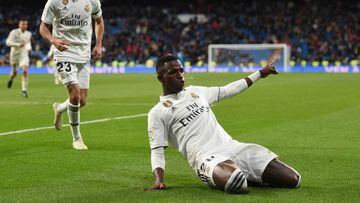 MADRID, SPAIN - JANUARY 09: Vinicius Junior of Real Madrid CF  celebrates with Sergio Reguilon after scoring Real&#039;s 3rd goal during the Copa del Rey Round of 16 match between Real Madrid CF and CD Leganes at estadio Santiago Bernabeu on January 09, 
