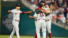 WASHINGTON, DC - OCTOBER 03: Jose Iglesias #12, Xander Bogaerts #2, Rafael Devers #11 and Kyle Schwarber #18 of the Boston Red Sox celebrate after a 7-5 victory against the Washington Nationals at Nationals Park on October 03, 2021 in Washington, DC.   Gr