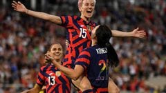 Jun 25, 2022; Commerce City, Colorado, USA;  USA midfielder Taylor Kornieck (20) celebrates with forward Megan Rapinoe (15) after scoring a goal against Colombia in the second half during an international friendly soccer match at Dick's Sporting Goods Park.