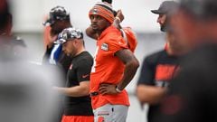 BEREA, OH - JULY 27: Deshaun Watson #4 of the Cleveland Browns looks on during Cleveland Browns training camp at CrossCountry Mortgage Campus on July 27, 2022 in Berea, Ohio.   Nick Cammett/Getty Images/AFP
== FOR NEWSPAPERS, INTERNET, TELCOS & TELEVISION USE ONLY ==