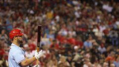 Albert Pujols of the St. Louis Cardinals warms up on-deck during the seventh inning of the MLB game against the Arizona Diamondbacks at Chase Field on August 20, 2022 in Phoenix, Arizona.