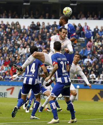 Aerial specialist Bale jumps for the ball.