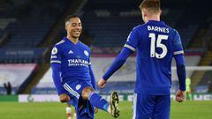 Leicester City&#039;s English midfielder Harvey Barnes celebrates with Leicester City&#039;s Belgian midfielder Youri Tielemans (L) after scoring their second goal during the English Premier League football match between Leicester City and Southampton at 