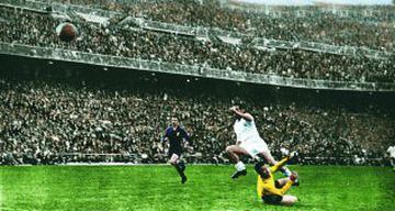 Real Madrid-Fiorentina partido de la Final de la Copa de Europa de 1957. Paco Gento inició la jugada del segundo tanto y, tras una pared con Kopa, acabó levantando el balón por encima del meta Sarti.