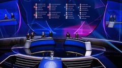 This picture shows the complete draw for the UEFA Champions League football tournament in Istanbul on August 26, 2021. (Photo by OZAN KOSE / AFP)