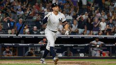 NEW YORK, NY - AUGUST 30: Giancarlo Stanton #27 of the New York Yankees flips the bat after his third-inning, two-run home run against the Detroit Tigers at Yankee Stadium on August 30, 2018 in the Bronx borough of New York City. The home run was Stanton&#039;s 300th in the Major Leagues.   Jim McIsaac/Getty Images/AFP == FOR NEWSPAPERS, INTERNET, TELCOS &amp; TELEVISION USE ONLY ==