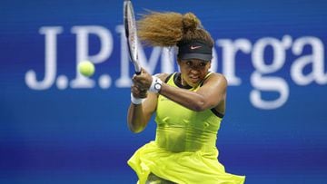Naomi Osaka of Japan returns a shot against Marie Bouzkova of Czech Republic during their women&#039;s singles first round match on Day One of the 2021 US Open.