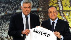 (FILES) In this file photo taken on June 26, 2013 new Real Madrid&#039;s Italian coach Carlo Ancelotti (L) poses with his new team&#039;s jersey flanked by Real Madrid&#039;s president Florentino Perez during his presentation at Santiago Bernabeu stadium,