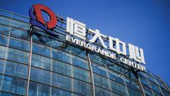 The logo of China Evergrande Group seen on the Evergrande Center in Shanghai, China September 22, 2021.