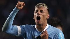 (FILES) Uruguay's forward Luciano Rodriguez celebrates after scoring during the Argentina 2023 U-20 World Cup final match between Uruguay and Italy at the Estadio Unico Diego Armando Maradona stadium in La Plata, Argentina, on June 11, 2023. The Under-23 South American Pre-Olympic Football Tournament will take place in Venezuela between January 20 and February 11, 2024. (Photo by Alejandro PAGNI / AFP)