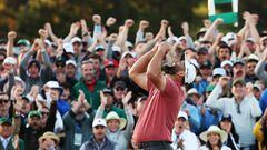 AUGUSTA, GEORGIA - APRIL 09: Jon Rahm of Spain celebrates on the 18th green after winning the 2023 Masters Tournament at Augusta National Golf Club on April 09, 2023 in Augusta, Georgia.   Christian Petersen/Getty Images/AFP (Photo by Christian Petersen / GETTY IMAGES NORTH AMERICA / Getty Images via AFP)
