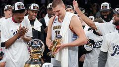 May 22, 2023; Los Angeles, California, USA; Denver Nuggets center Nikola Jokic (15) celebrates winning the Western Conference MVP Trophy and beating the Los Angeles Lakers in game four of the Western Conference Finals for the 2023 NBA playoffs at Crypto.com Arena. Mandatory Credit: Kirby Lee-USA TODAY Sports