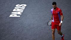 Serbia's Novak Djokovic walks on the court during his men's singles match against Argentina's Tomas Martin Etcheverry on day three of the Paris ATP Masters 1000 tennis tournament at the Accor Arena - Palais Omnisports de Paris-Bercy - in Paris on November 1, 2023. (Photo by JULIEN DE ROSA / AFP)