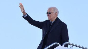 U.S. President Joe Biden waves as he departs for Fort Campbell, Kentucky, from Joint Base Andrews in Maryland.