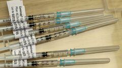 FILE PHOTO: Syringes containing Pfizer-BioNTech COVID-19 vaccine are seen at the Impfzentrum Basel Stadt vaccination center at the Congress Center of the Messe Basel fairground, as the spread of the coronavirus disease (COVID-19) continues, in Basel, Swit