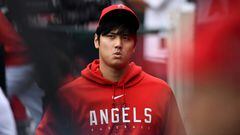ANAHEIM, CA - APRIL 12: Shohei Ohtani #17 of the Los Angeles Angels in the dugout during the game against Washington Nationals at Angel Stadium of Anaheim on April 12, 2023 in Anaheim, California.   Kevork Djansezian/Getty Images/AFP (Photo by KEVORK DJANSEZIAN / GETTY IMAGES NORTH AMERICA / Getty Images via AFP)