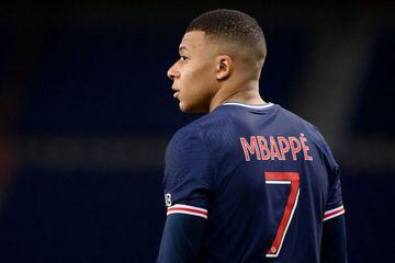 Paris Saint-Germain's French forward Kylian Mbappe looks on during the French L1 football match between PSG and Nantes at the Parc des Princes stadium in Paris on March 14, 2021. (Photo by FRANCK FIFE / AFP)