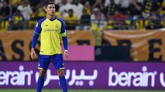 Nassr's Portuguese forward Cristiano Ronaldo stands over a free-kick during the Saudi Pro League football match between Al-Nassr and Al-Batin at the Mrsool Park Stadium in the Saudi capital Riyadh on March 3, 2023. (Photo by AFP) (Photo by -/AFP via Getty Images)