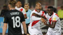 Peru&#039;s Christian Ramos, right,. celebrates after scoring his side&#039;s second goal against New Zealand, with his teammate Alberto Rodriguez , center, during a play-off qualifying match for the 2018 Russian World Cup in Lima, Peru, Wednesday, Nov. 1