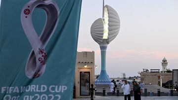 People walk past FIFA World Cup banners in Doha on November 3, 2022, ahead of the Qatar 2022 FIFA World Cup football tournament. (Photo by Kirill KUDRYAVTSEV / AFP)