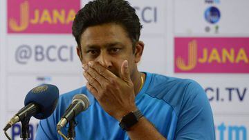 (FILES) In this photograph taken on March 2, 2017, Indian cricket coach Anil Kumble addresses a press conference before a practice session prior to the second Test match between India and Australia at M. Chinnaswamy Stadium in Bangalore. India&#039;s pow