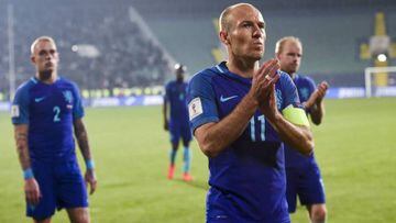 Arjen Robben looks dejected after the Netherlands' damaging 2-0 defeat in Bulgaria in March.
