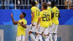 Jugadores de la Selecci&oacute;n Colombia celebrando el gol de Yerry Mina en el triunfo sobre Senegal por la fecha 3 del Grupo H del Mundial Rusia 2018