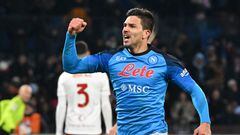 Napoli's Argentinian forward Giovanni Simeone reacts after scoring the second goal of the match for his team during the Italian Serie A football match between Napoli and AS Roma at the Diego-Maradona Stadium in Naples on January 29, 2023. (Photo by Andreas SOLARO / AFP)