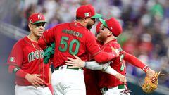 MIAMI, FLORIDA - MARCH 17: Manny Barreda #50 of Team Mexico celebrates with teammates after defeating Team Puerto Rico in the World Baseball Classic Quarterfinals game at loanDepot park on March 17, 2023 in Miami, Florida.   Megan Briggs/Getty Images/AFP (Photo by Megan Briggs / GETTY IMAGES NORTH AMERICA / Getty Images via AFP)