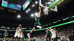 Apr 17, 2022; Boston, Massachusetts, USA; Boston Celtics forward Jayson Tatum (0) makes the game winning basket against the Brooklyn Nets in the second half during game one of the first round for the 2022 NBA playoffs at TD Garden. Mandatory Credit: David Butler II-USA TODAY Sports