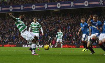 Moussa Dembele of Celtic scores during the Rangers v Celtic Ladbrokes Scottish Premiership match at Ibrox Stadium on December 31, 2016 in Glasgow, Scotland.