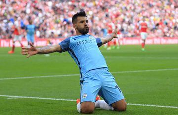 Sergio Aguero of Manchester City celebrates scoring the opening goal during the Emirates FA Cup Semi-Final match between Arsenal and Manchester City at Wembley Stadium