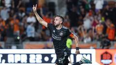Apr 8, 2023; Houston, Texas, USA; Houston Dynamo FC midfielder Hector Herrera (16) celebrates after scoring a goal during the first half against the LA Galaxy at Shell Energy Stadium. Mandatory Credit: Troy Taormina-USA TODAY Sports