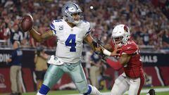 GLENDALE, AZ - SEPTEMBER 25: Quarterback Dak Prescott #4 of the Dallas Cowboys throws a pass under pressure from safety Budda Baker #36 of the Arizona Cardinals during the second half of the NFL game at the University of Phoenix Stadium on September 25, 2017 in Glendale, Arizona.   Jennifer Stewart/Getty Images/AFP == FOR NEWSPAPERS, INTERNET, TELCOS &amp; TELEVISION USE ONLY ==
